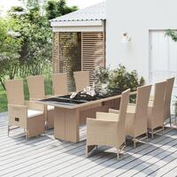 Spisebordssæt til haven 9 dele med hynder polyrattan beige