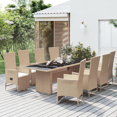 Spisebordssæt til haven 9 dele med hynder polyrattan beige