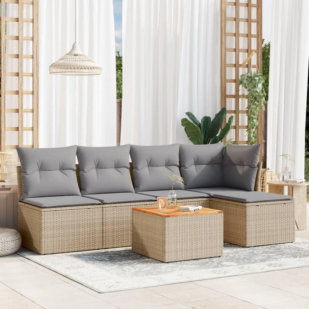 Havesofasæt 6 dele med hynder polyrattan beige
