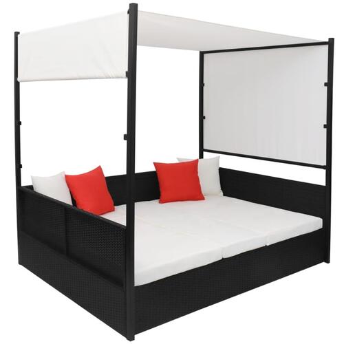 Solseng med baldakin sort 190 x 130 cm polyrattan