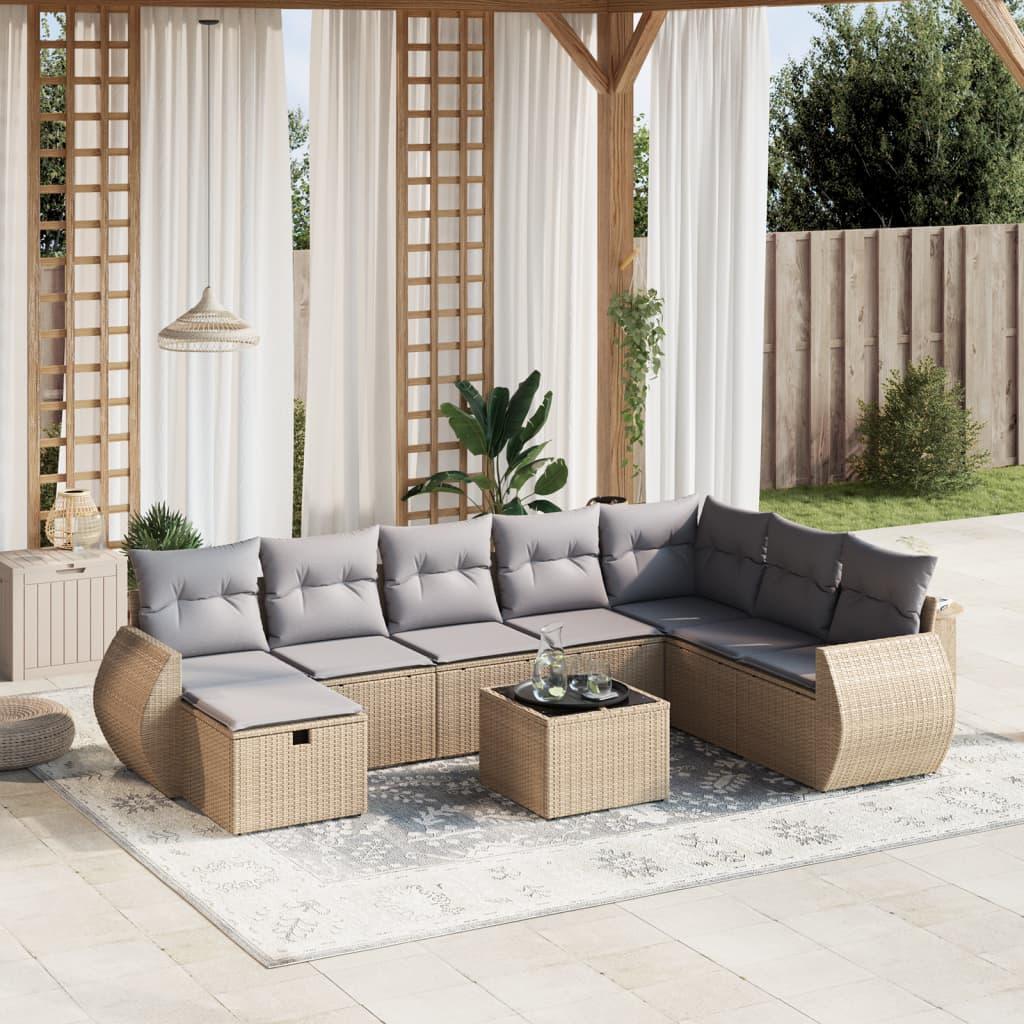 Spisebordssæt til haven 9 dele med hynder polyrattan beige