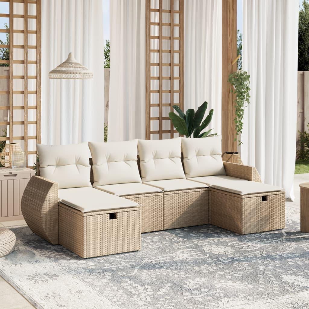 Sofasæt til haven 6 dele med hynder polyrattan beige