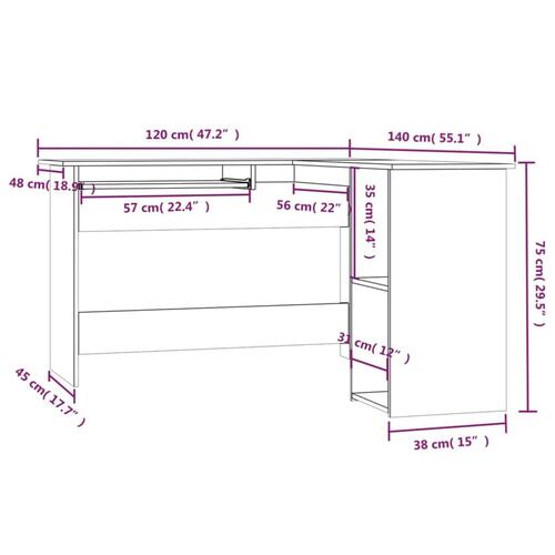 Hjørneskrivebord 120x140x75 cm konstrueret træ brunt egetræ
