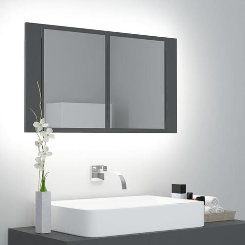 Badeværelsesskab m. spejl og LED-lys 80x12x45 cm akryl grå