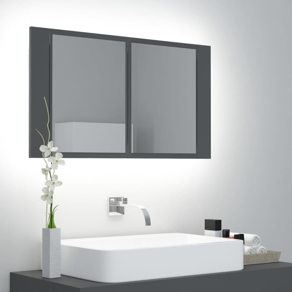 Badeværelsesskab m. spejl og LED-lys 80x12x45 cm akryl grå