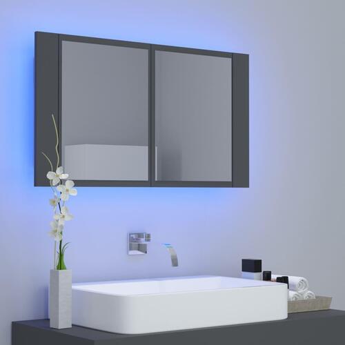Badeværelsesskab m. spejl og LED-lys 80x12x45 cm akryl grå
