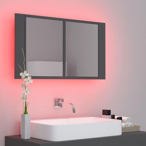 Badeværelsesskab m. spejl og LED-lys 80x12x45 cm akryl grå