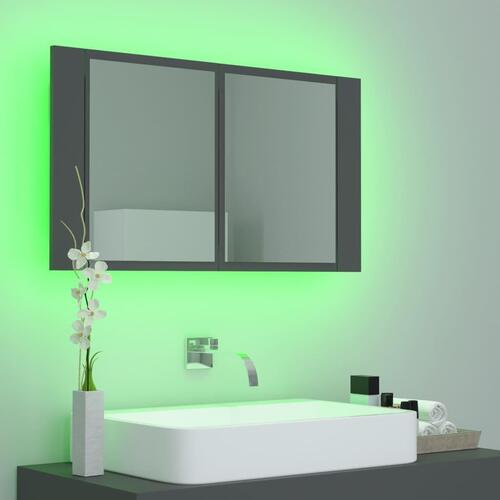 Badeværelsesskab m. spejl og LED-lys 80x12x45 cm akryl grå