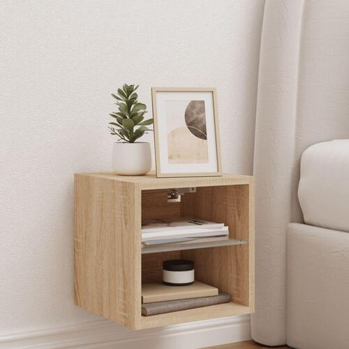Væghængt tv-bord med LED-lys 30x28,5x30 cm sonoma-eg