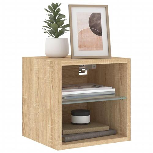 Væghængt tv-bord med LED-lys 30x28,5x30 cm sonoma-eg