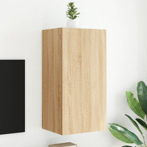 Væghængt tv-bord med LED-lys - sonoma-eg, 40,5 x 35 x 80 cm