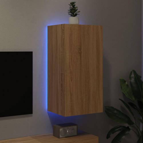 Væghængt tv-bord med LED-lys - sonoma-eg, 40,5 x 35 x 80 cm