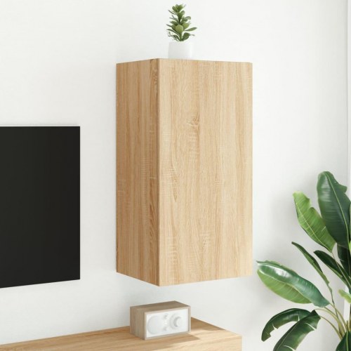 Væghængt tv-bord med LED-lys - sonoma-eg, 40,5 x 35 x 80 cm