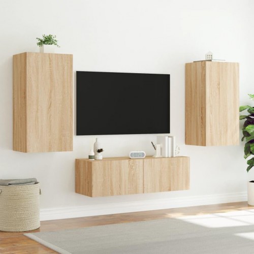 Væghængt tv-bord med LED-lys - sonoma-eg, 40,5 x 35 x 80 cm