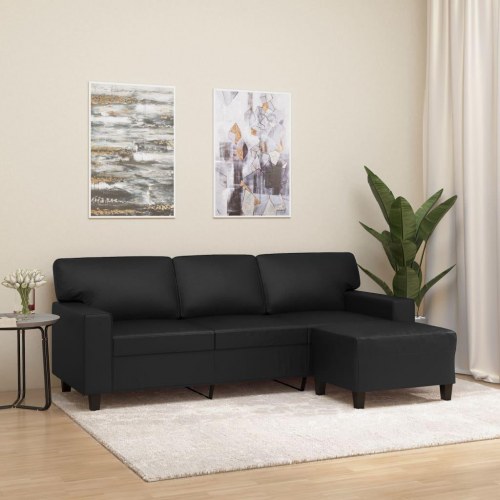 3-personers sofa med fodskammel 180 cm kunstlæder sort