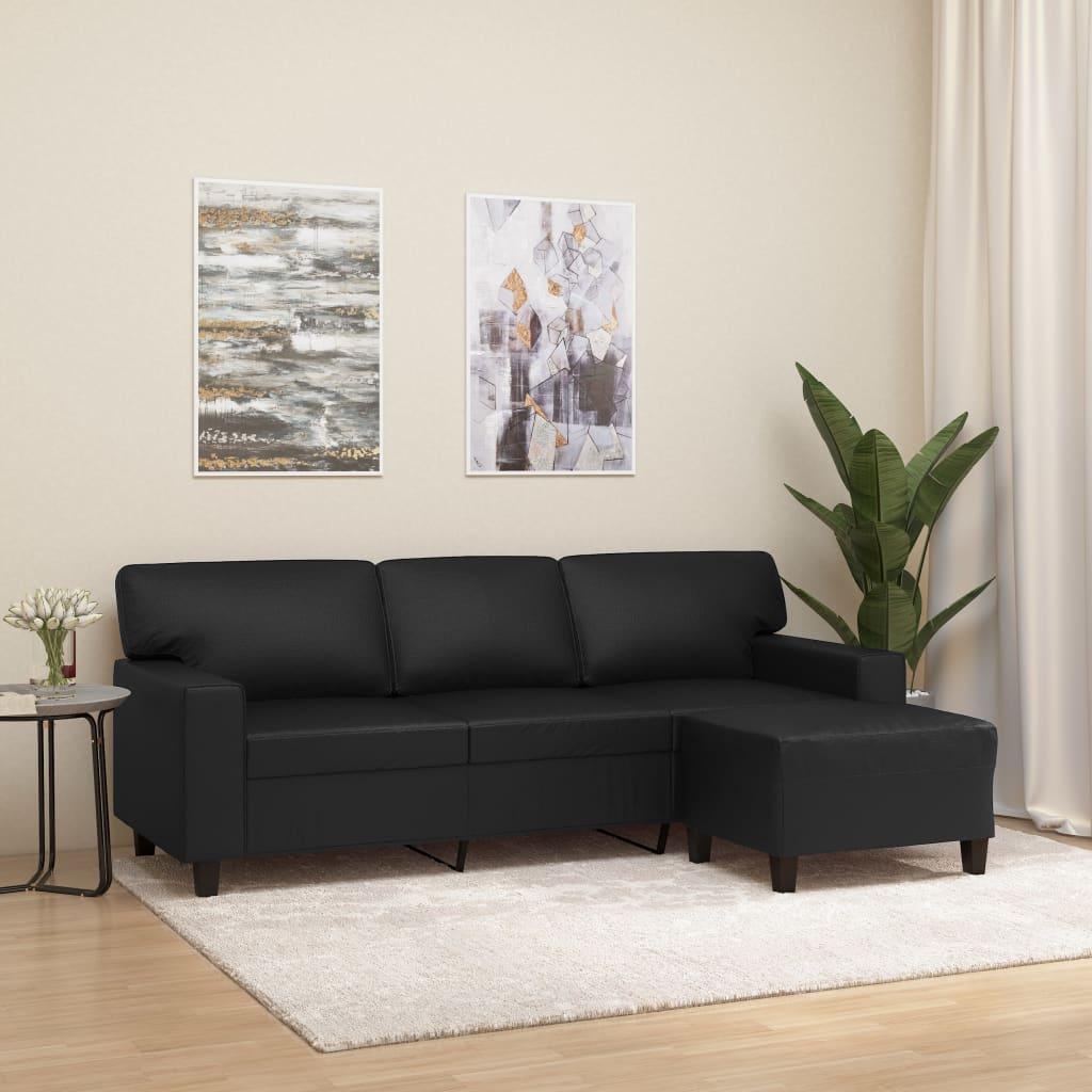 3-personers sofa med fodskammel 180 cm kunstlæder sort
