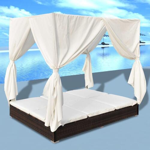 Solseng med gardiner polyrattan brun