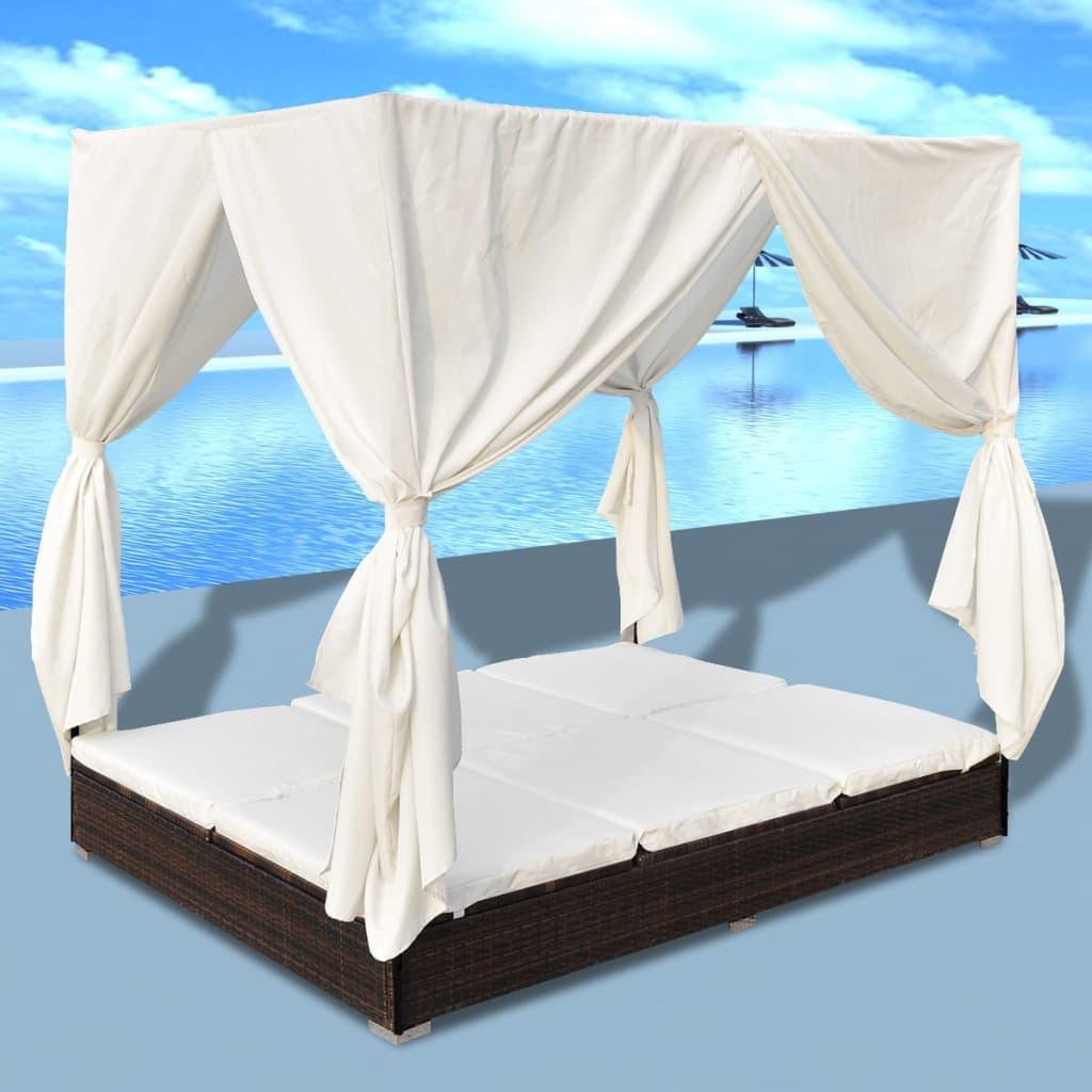Solseng med gardiner polyrattan brun