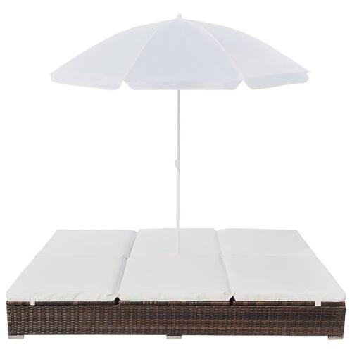 Loungeseng med parasol polyrattan brun