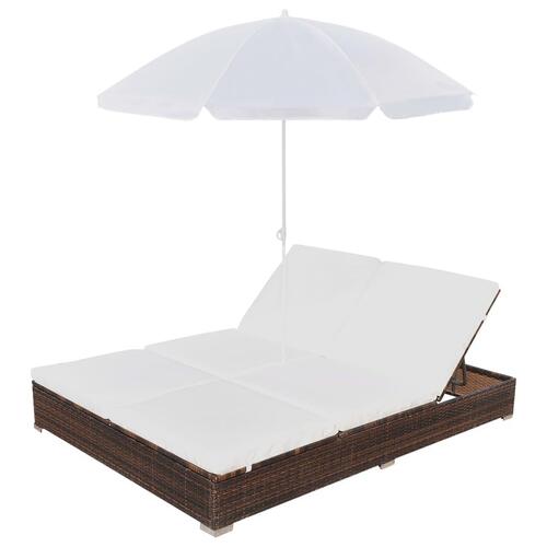 Loungeseng med parasol polyrattan brun