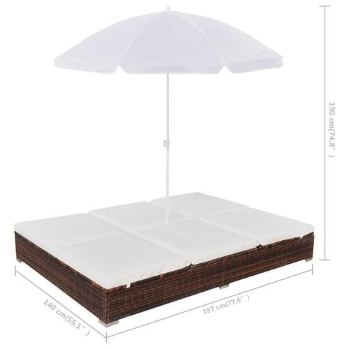 Loungeseng med parasol polyrattan brun
