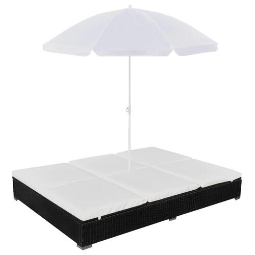 Loungeseng med parasol polyrattan sort