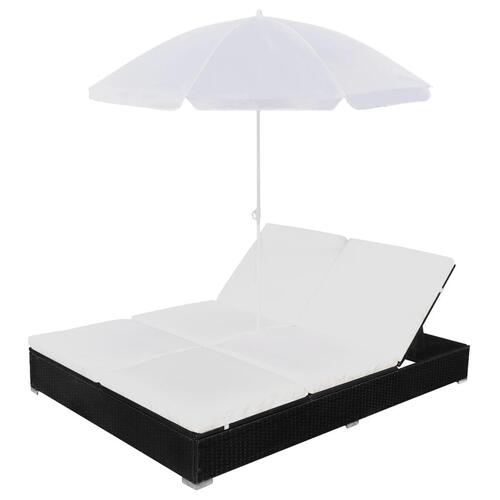 Loungeseng med parasol polyrattan sort