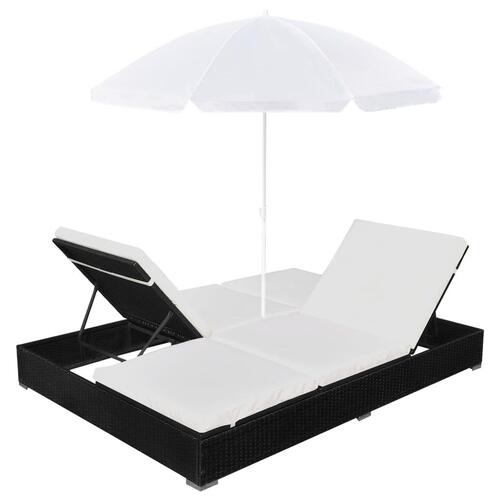 Loungeseng med parasol polyrattan sort