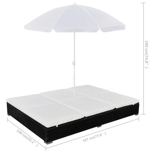 Loungeseng med parasol polyrattan sort