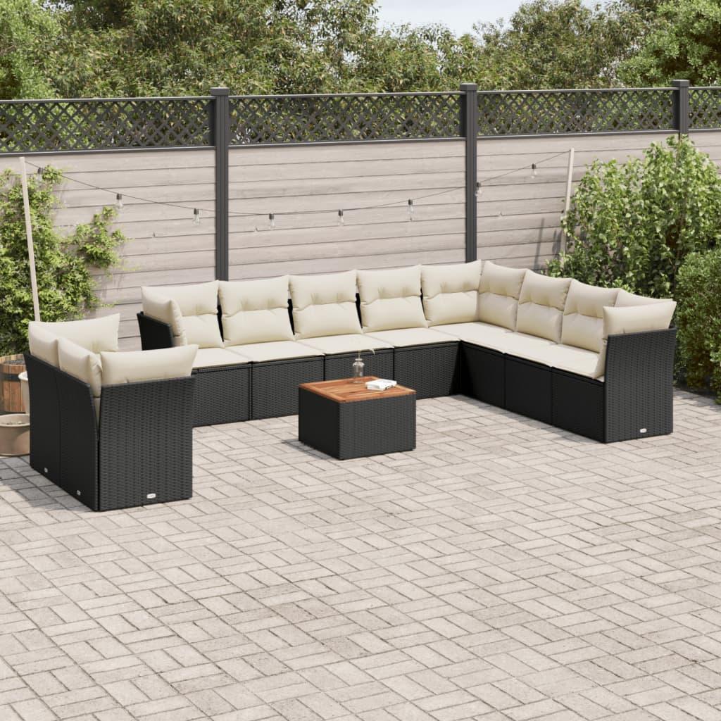 Havesofasæt i polyrattan - 11 dele med hynder, sort