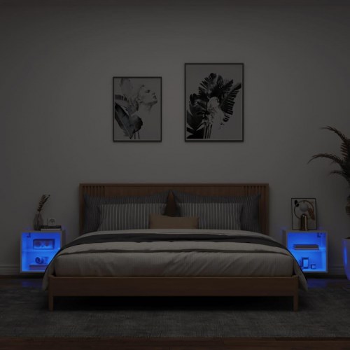 Væghængt sengebord med LED - hvid, 2 stk.