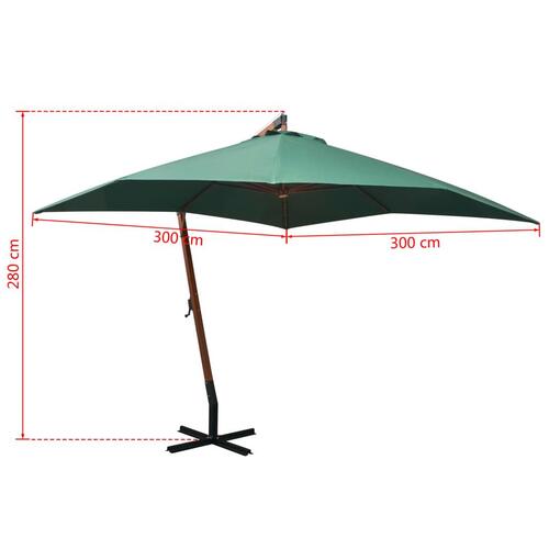 Hængende parasol 300 x 300 cm træstang grøn