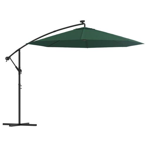 Hængende parasol med LED-belysning 300 cm grøn metalstang