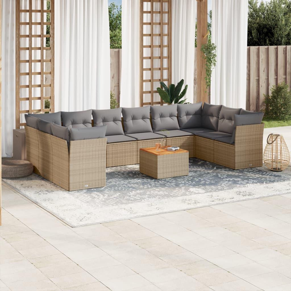 Havesofasæt 11 dele med hynder polyrattan beige