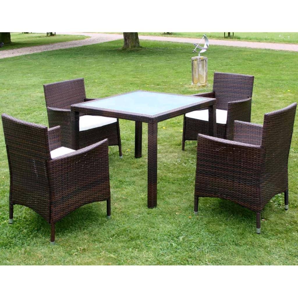 Udendørs spisebordssæt 5 dele med hynder polyrattan brun
