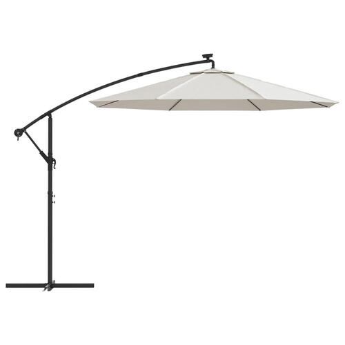 Hængeparasol med LED-belysning 300 cm sandfarvet metalstang