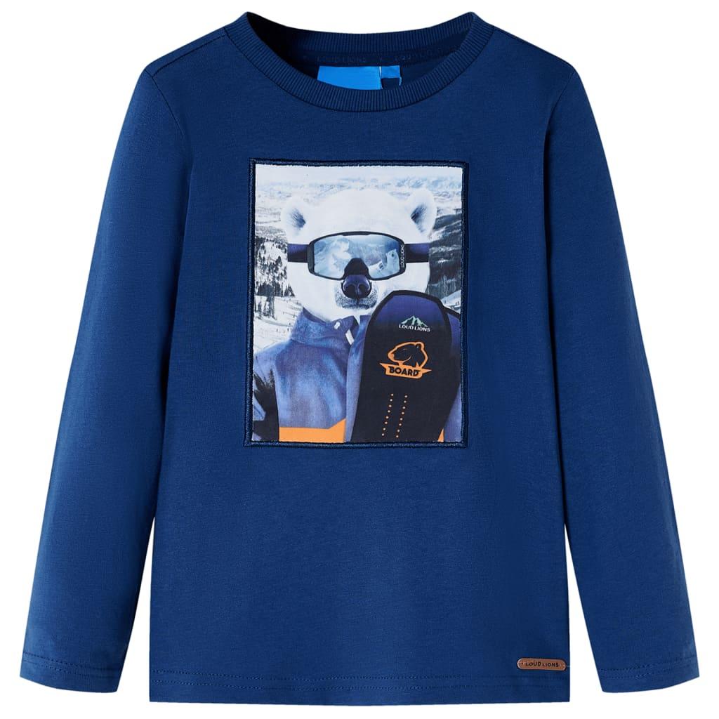 Langærmet T-shirt til børn str. 104 - jeansblå med bjørneprint billede