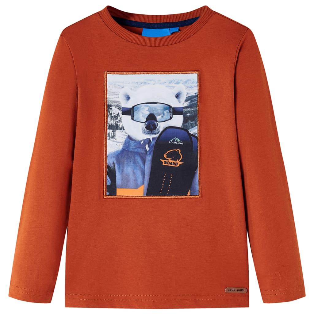 Langærmet T-shirt til børn str. 104 - rustfarvet med bjørneprint