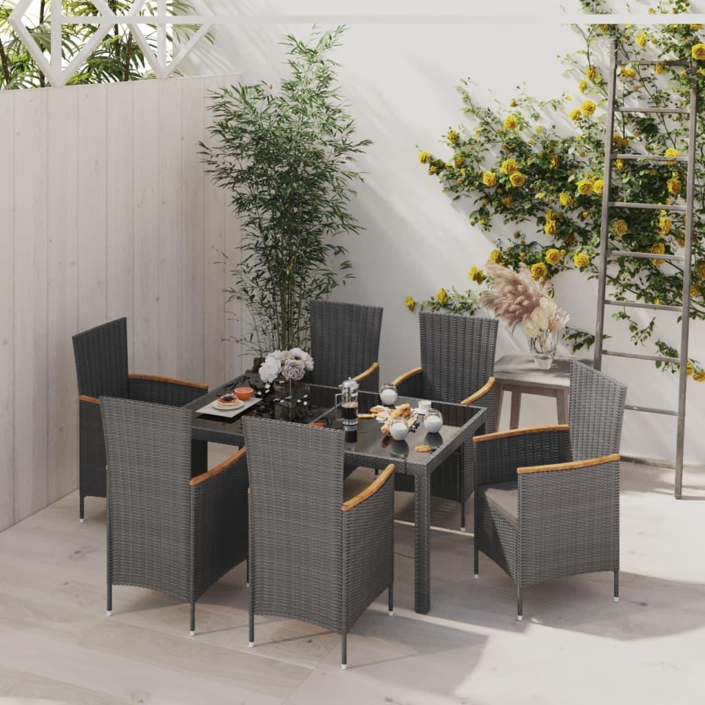 Udendørs spisebordssæt 7 dele m. hynder polyrattan sort og grå