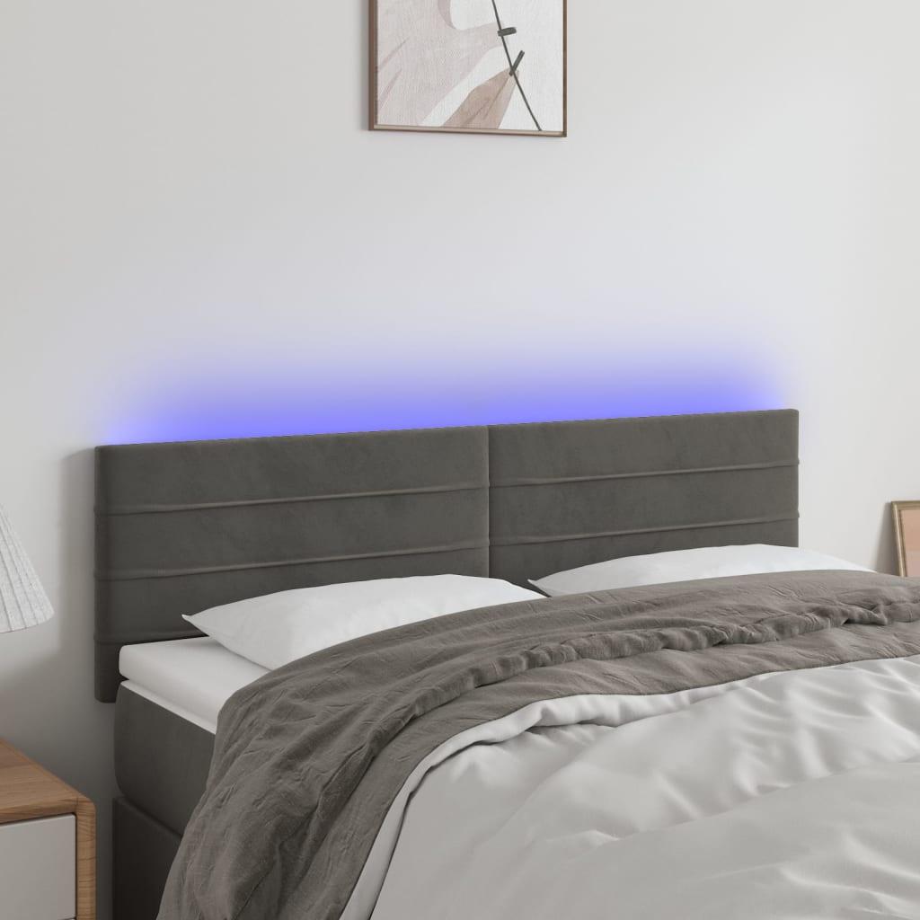 Sengegavl med LED-lys 144x5x78/88 cm fløjl mørkegrå billede