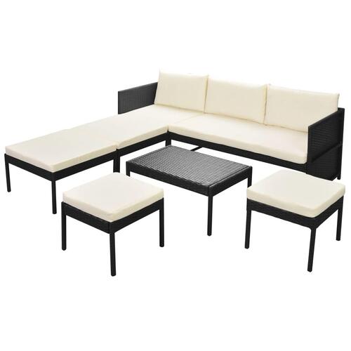 Haveloungesæt 6 dele med hynder polyrattan sort