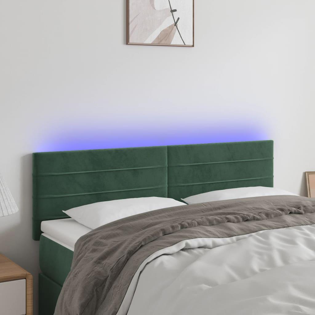 Sengegavl med LED-lys 144x5x78/88 cm fløjl mørkegrøn billede