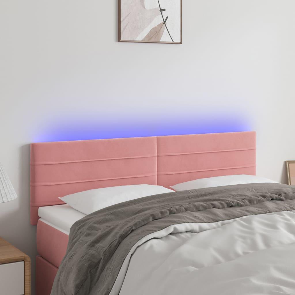 Sengegavl med LED-lys 144x5x78/88 cm fløjl lyserød billede
