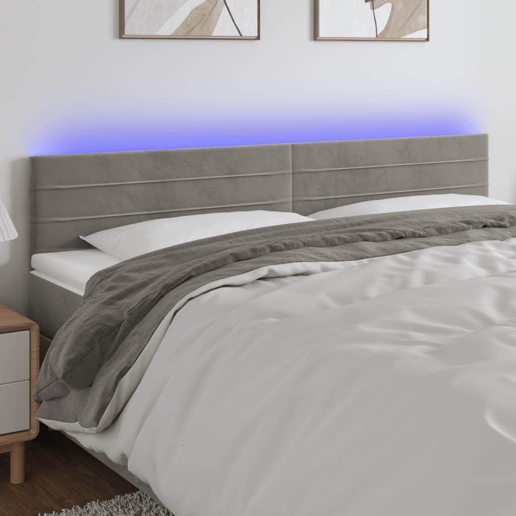 Sengegavl med LED-lys 200x5x78/88 cm fløjl lysegrå billede