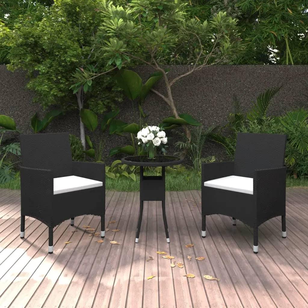 Bistrosæt til haven 3 dele polyrattan og hærdet glas sort