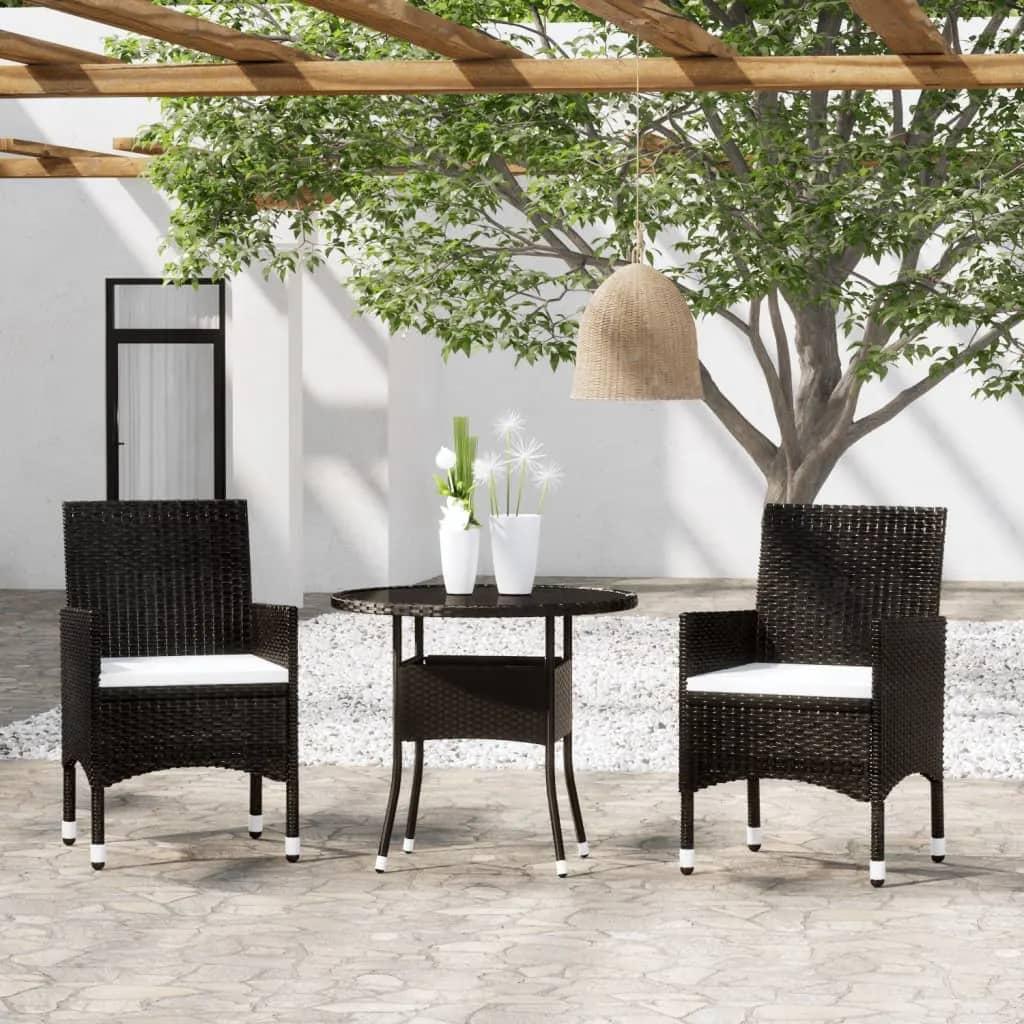 Bistrosæt til haven 3 dele polyrattan og hærdet glas sort