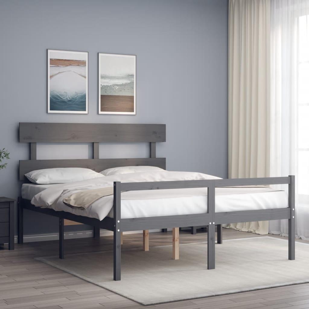Seniorseng med sengegavl massivt træ grå