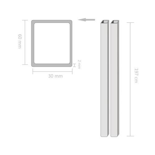 Strukturelle stålrør 2 stk. rektangulær bokssektion 2 m 60 x 30 x 2 mm