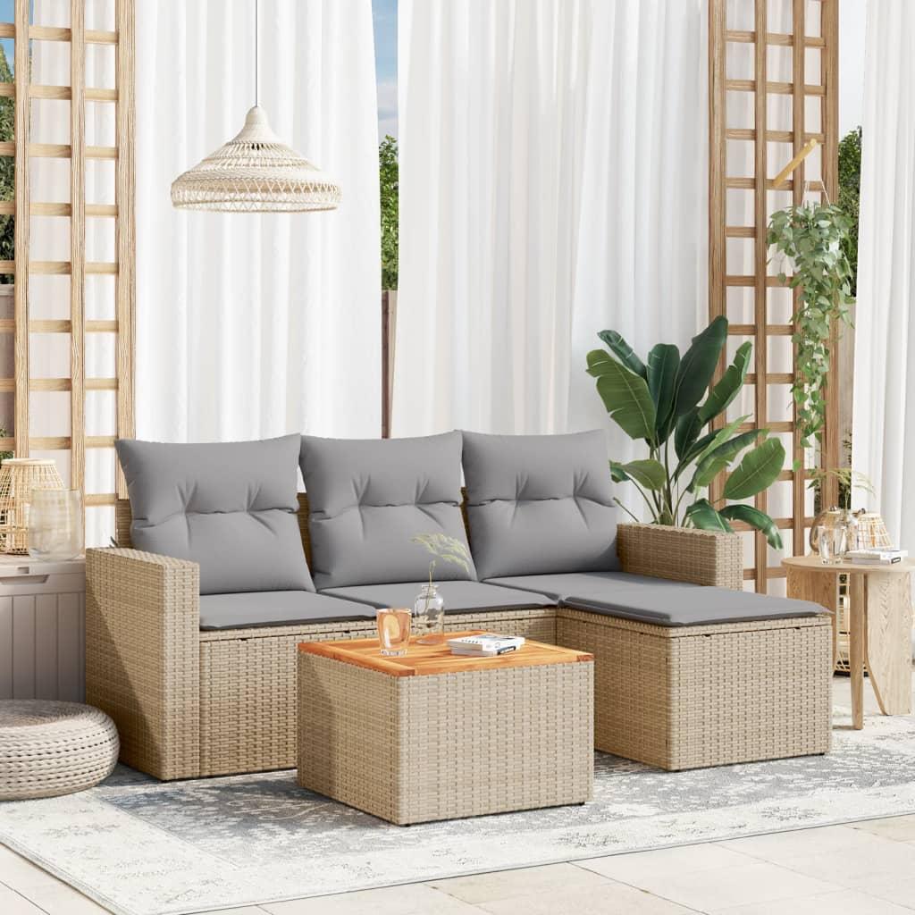 Havesofasæt 5 dele med hynder polyrattan beige