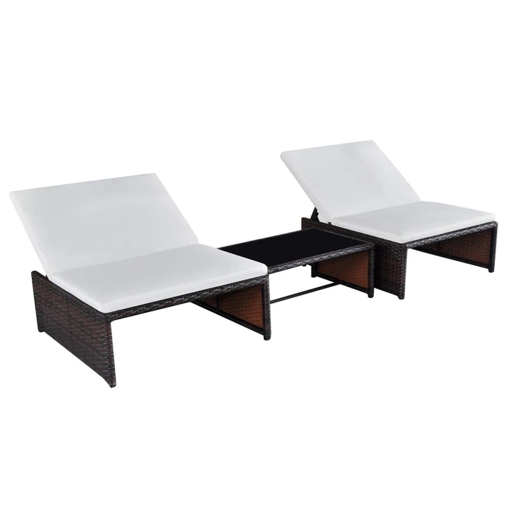 Havestole 2 stk. med lænefunktion og bord polyrattan brun